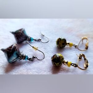Bundle Of Blue Leaf and Checkered Geometric Earrings & Glittery Yellow Beaded